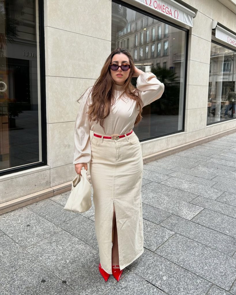 Cream Satin Blouse + Beige Denim Maxi Skirt