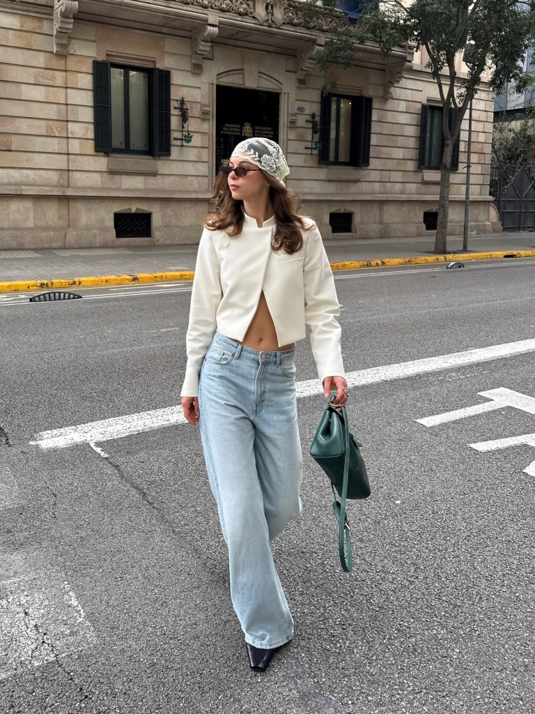White Asymmetric Blazer + Light Blue Wide-Leg Jeans + Lace Headscarf