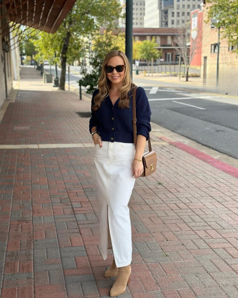 Navy Knit Cardigan + White Denim Maxi Skirt + Tan Pointed Boots