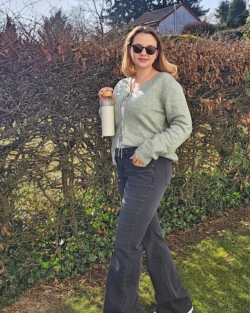 Sage Green Tie-Front Cardigan + Dark Grey Flare Jeans 