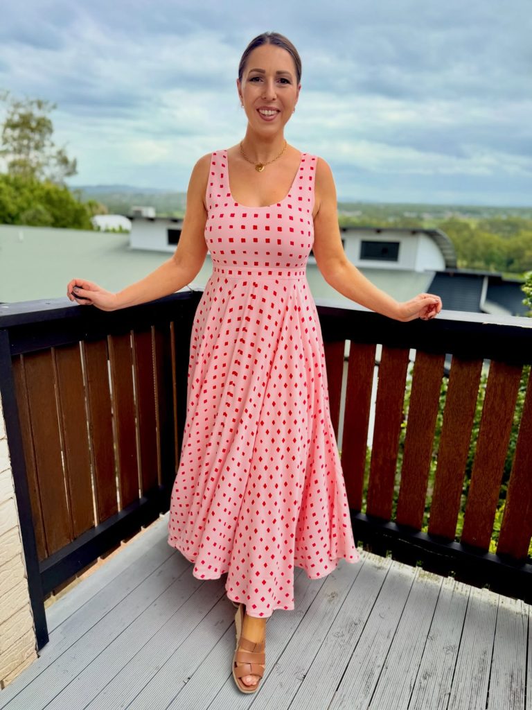 Pink Geometric Maxi Dress + Gold Heart Pendant + Tan Wedge Sandals