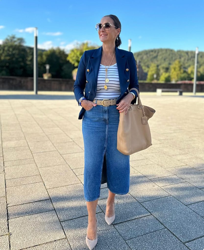 Navy Double-Breasted Blazer + Denim Midi Skirt + Beige Pumps