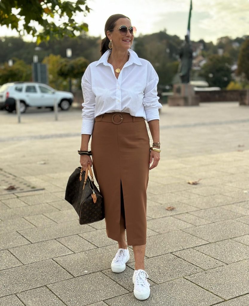 White Button-Down + Brown Midi Skirt + White Sneakers