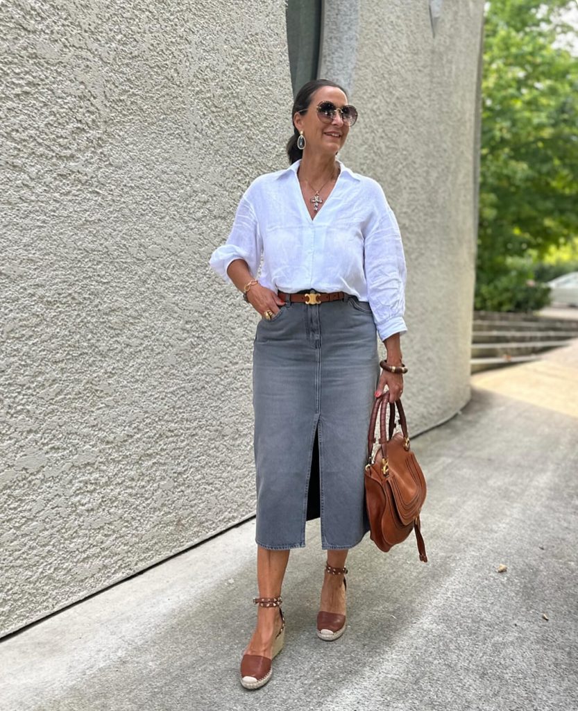 White Linen Shirt + Grey Denim Midi Skirt