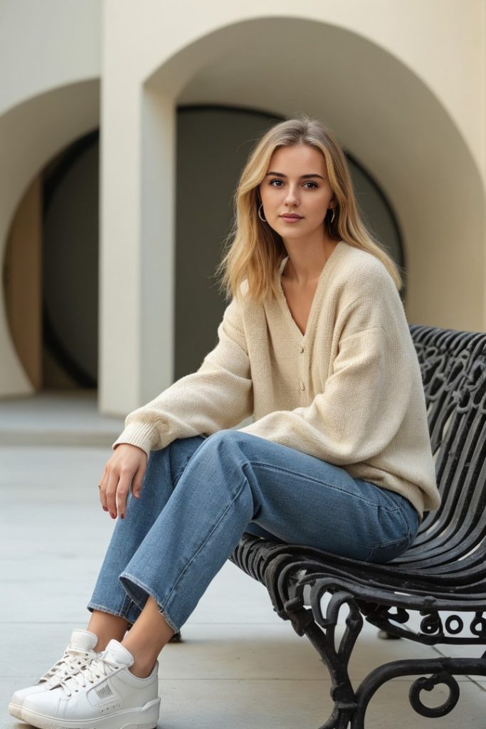 Beige Oversized Cardigan + Blue Straight-Leg Jeans + White Platform Sneakers
