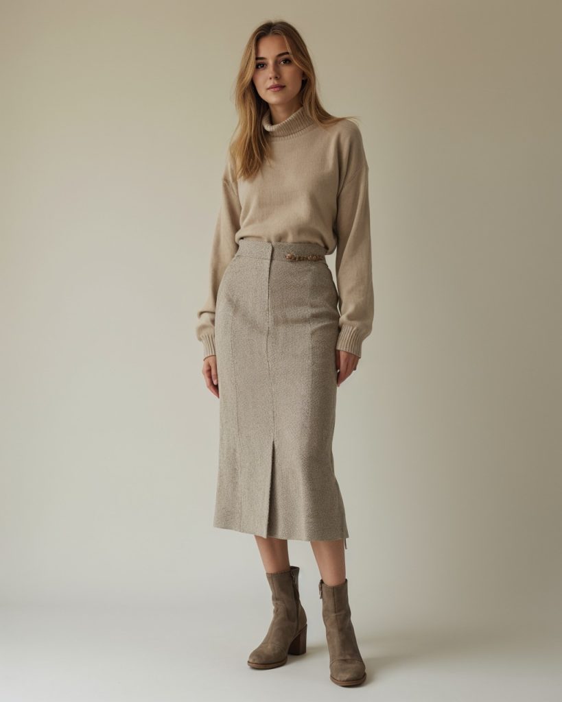  Beige Turtleneck + Herringbone Midi Skirt + Suede Ankle Boots
