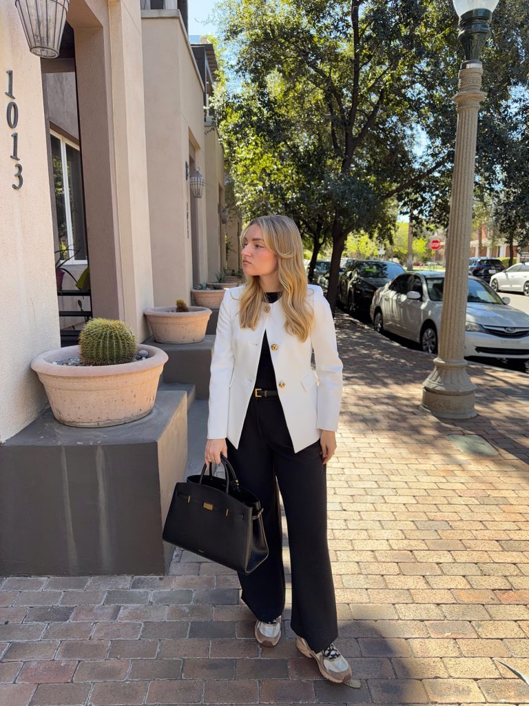 White Gold-Button Blazer + Black Wide-Leg Trousers + Black Satchel Bag