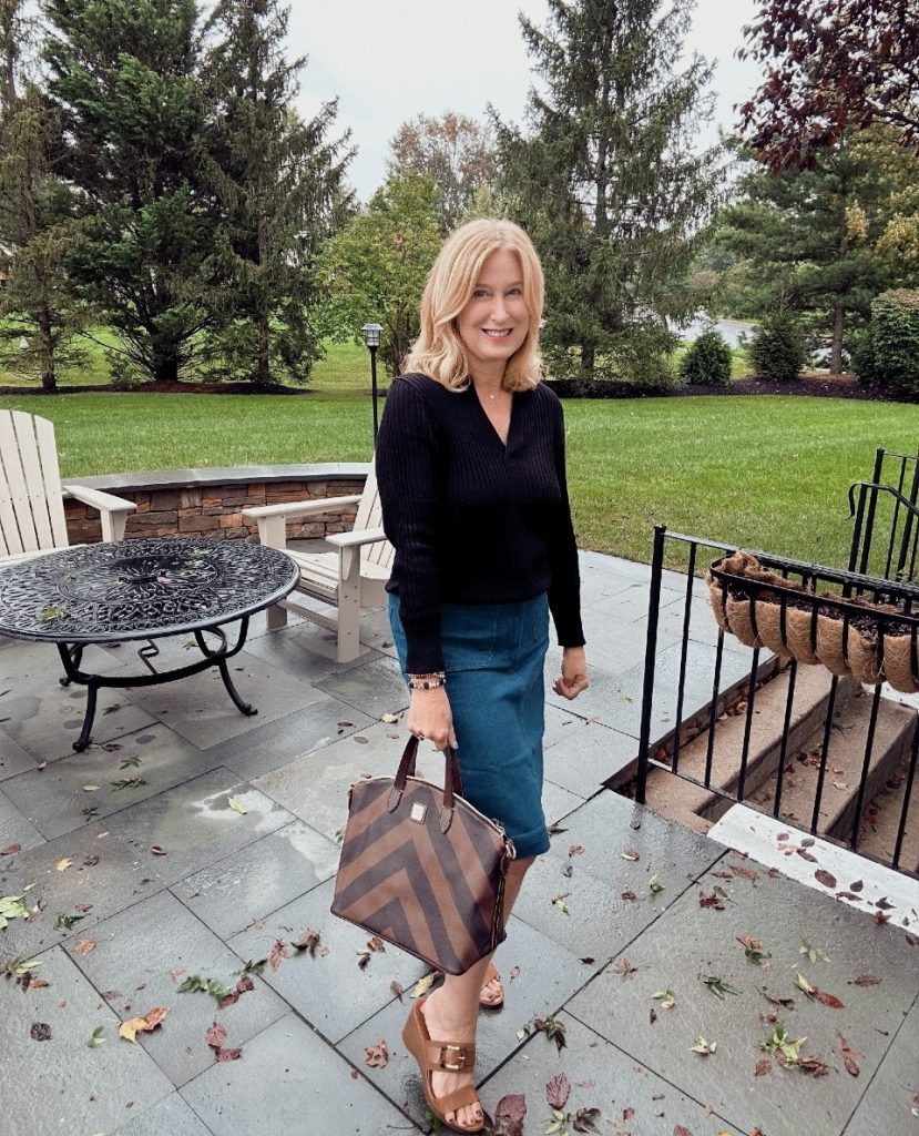 Black Sweater + Denim Pencil Skirt + Cognac Wedges