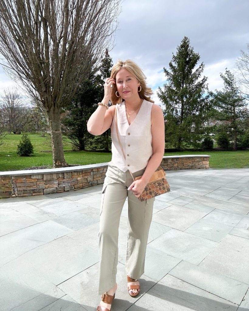 Cream Linen Vest + V-Neck Top + Sage Cargo Pants