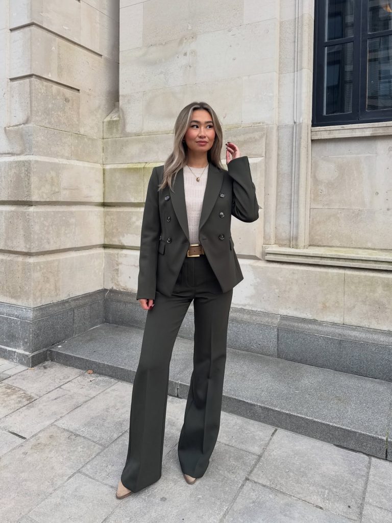 Olive Double-Breasted Suit + Cream Knit Top + Tan Belt