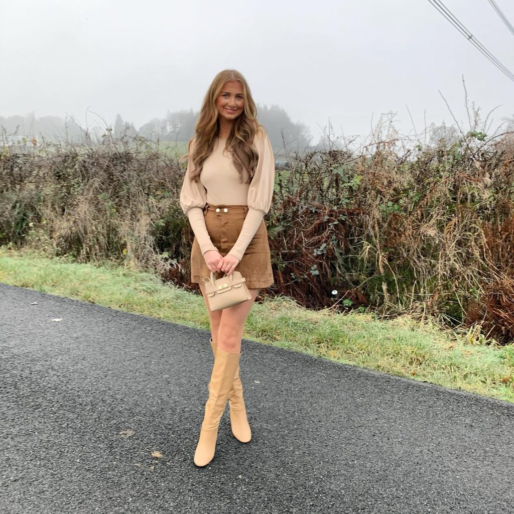 Beige Puff-Sleeve Top + Brown Suede Skirt + Tan Boots