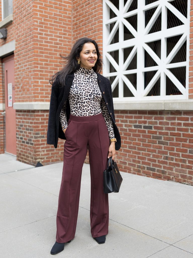 Leopard Print Turtleneck + Black Textured Blazer + Burgundy Wide-Leg Pants