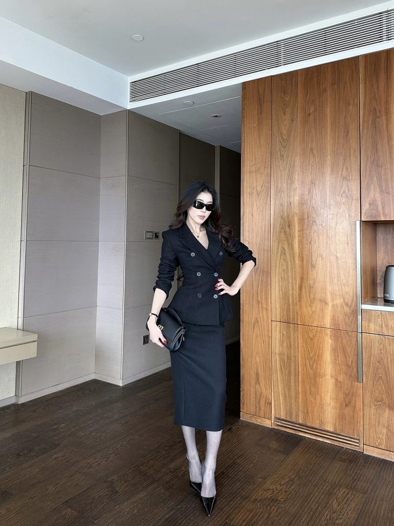 Black Double-Breasted Blazer + Midi Skirt + Pointed Pumps