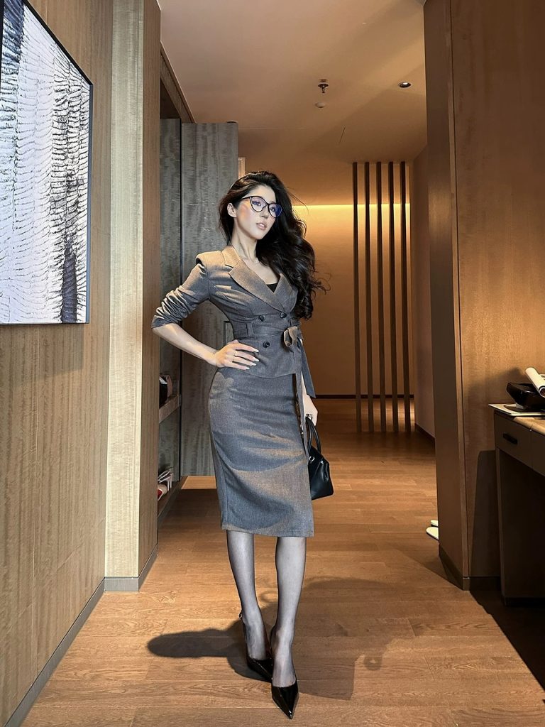 Charcoal Belted Blazer + Pencil Skirt + Sheer Tights
