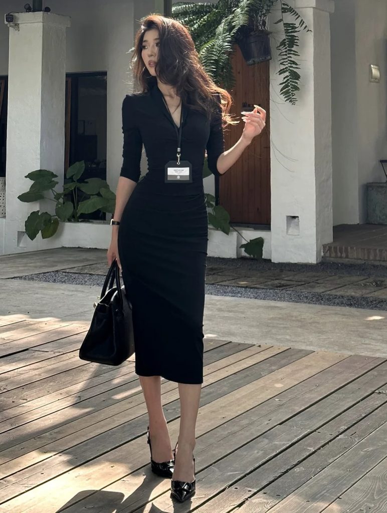 Black Ruched Midi Dress + Pointed Heels + Leather Tote