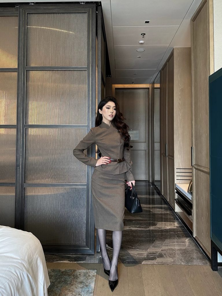 Taupe Peplum Jacket + Pencil Skirt + Sheer Tights