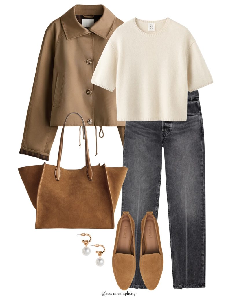 Tan Utility Jacket + Cream Short-Sleeve Knit + Grey Jeans