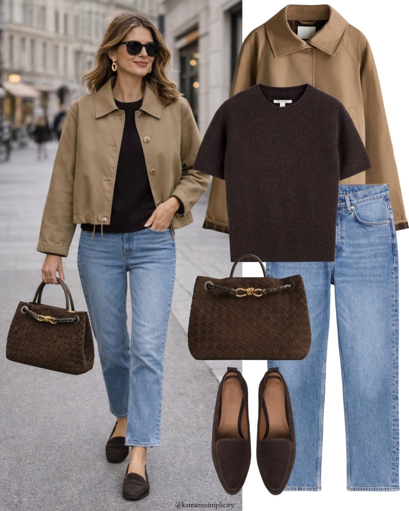 Tan Utility Jacket + Dark Brown Knit + Medium Wash Jeans