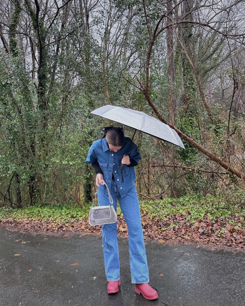 Blue Denim Jacket + Denim Jeans + Red Rain Boots