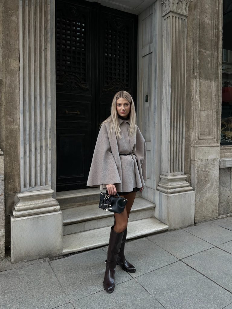 Taupe Belted Cape + Dark Brown Knee-High Boots