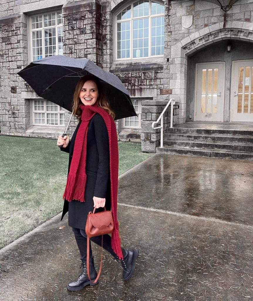 Black Overcoat + Red Knit Scarf + Lace-up Boots