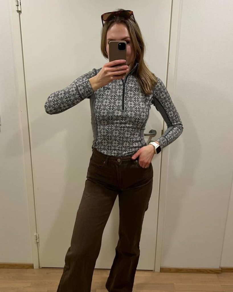 Grey Patterned Quarter-Zip + Brown Flared Denim + Tortoise Sunglasses