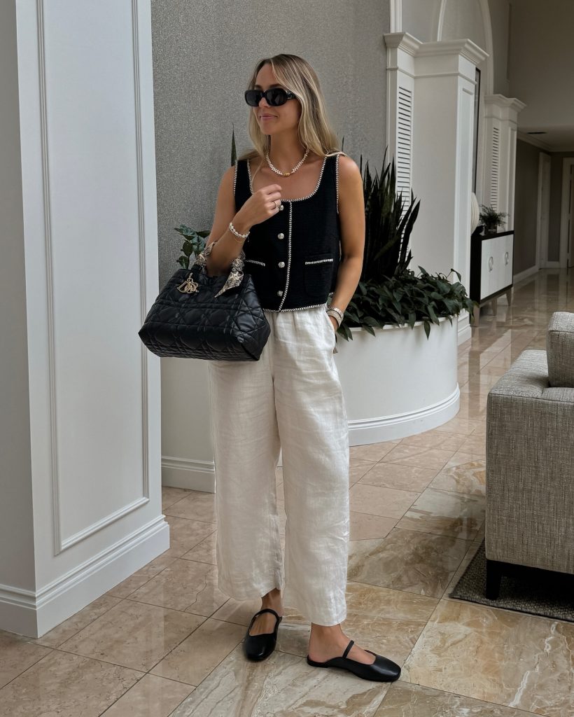 Black Contrast-Stitch Vest + White Linen Pants + Black Mary Jane Mules