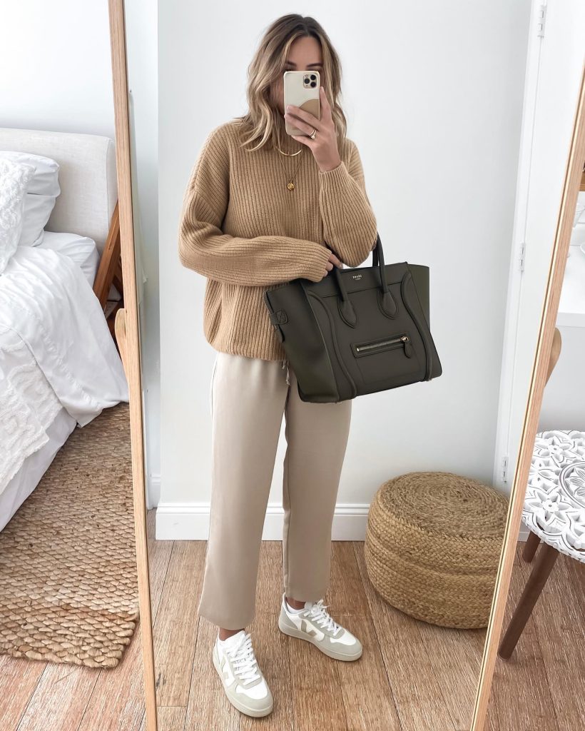 Camel Ribbed Sweater + Beige Straight-Leg Pants + White Sneakers