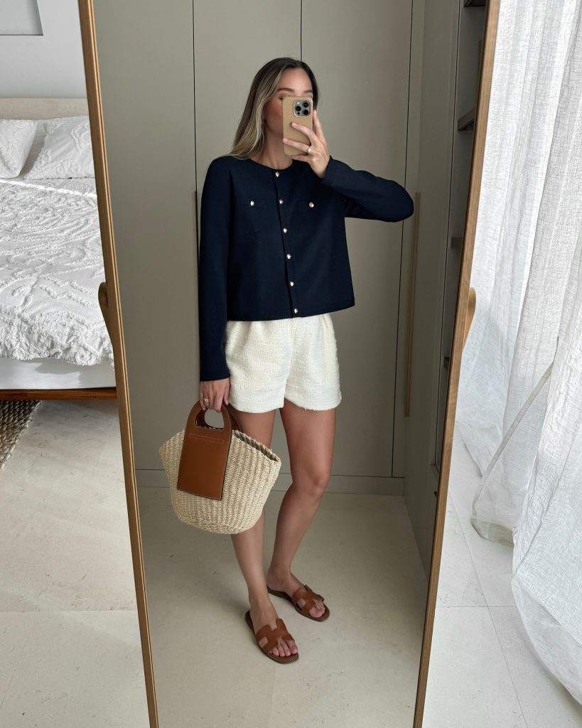 Navy Knit Jacket + White Tweed Shorts + Straw Tote Bag