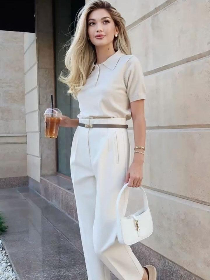 Beige Polo Shirt + White Tailored Trousers + Slim Brown Belt