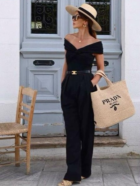 Black Off-the-Shoulder Top + Wide-Leg Trousers + Straw Tote