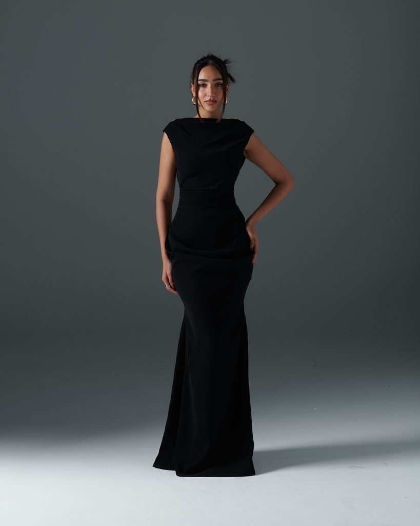 Black Evening Gown + Gold Hoop Earrings + Minimalist Rings