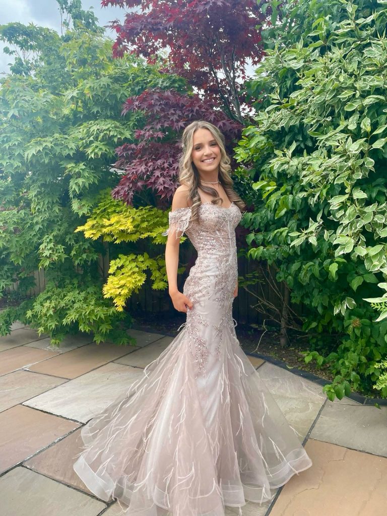 Lavender Mermaid Gown + Off-the-shoulder Lace Bodice + Feathered Hem