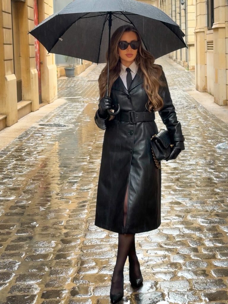 Black Leather Trench + White Collared Shirt + Black Necktie