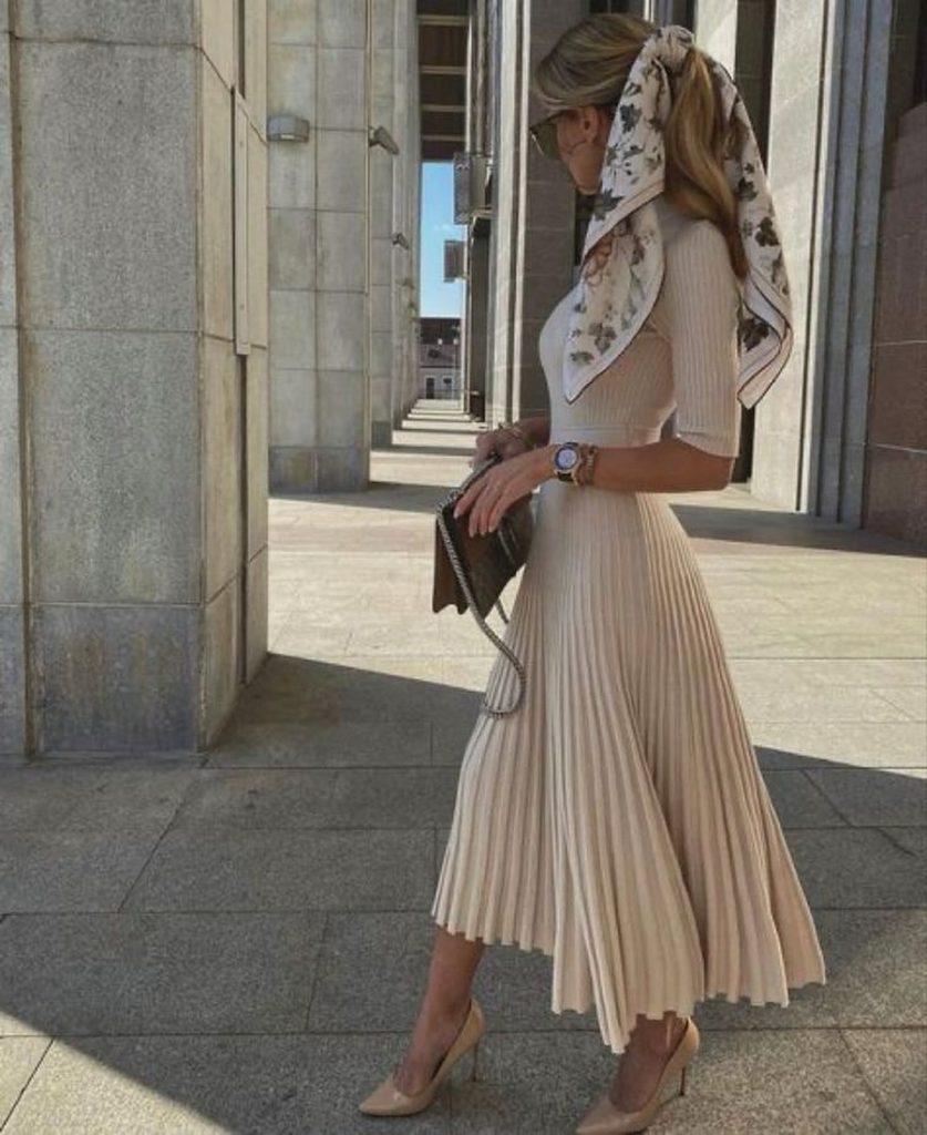 Beige Ribbed Knit Dress + Floral Silk Headscarf + Pointed-Toe Stilettos