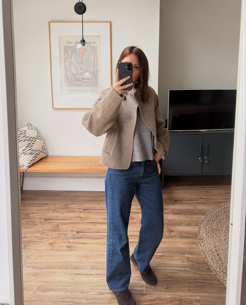 Taupe Jacket + Grey Sweater + Relaxed Denim