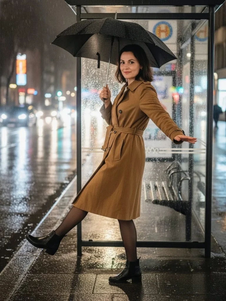Camel Trench Coat + Black Sheer Tights + Ankle Boots