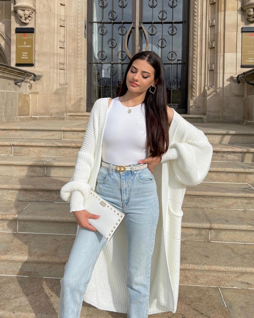 White Longline Cardigan + Light Wash High-Waisted Jeans + White Bodysuit