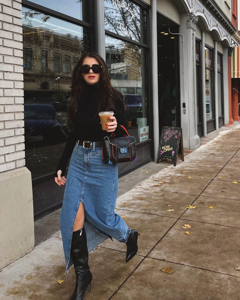 Black Turtleneck + Denim Maxi Skirt + Knee-High Boots