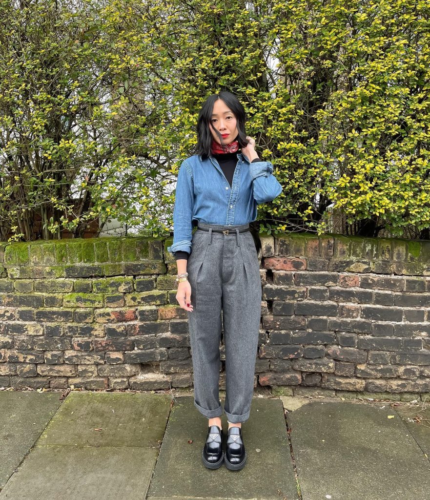 Blue Denim Shirt + Grey Pleated Trousers + Black Loafers