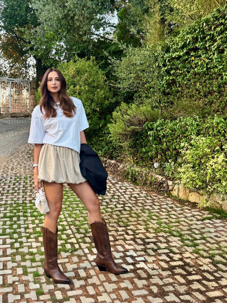 White Oversized T-Shirt + Beige Bubble Skirt + Brown Western Boots
