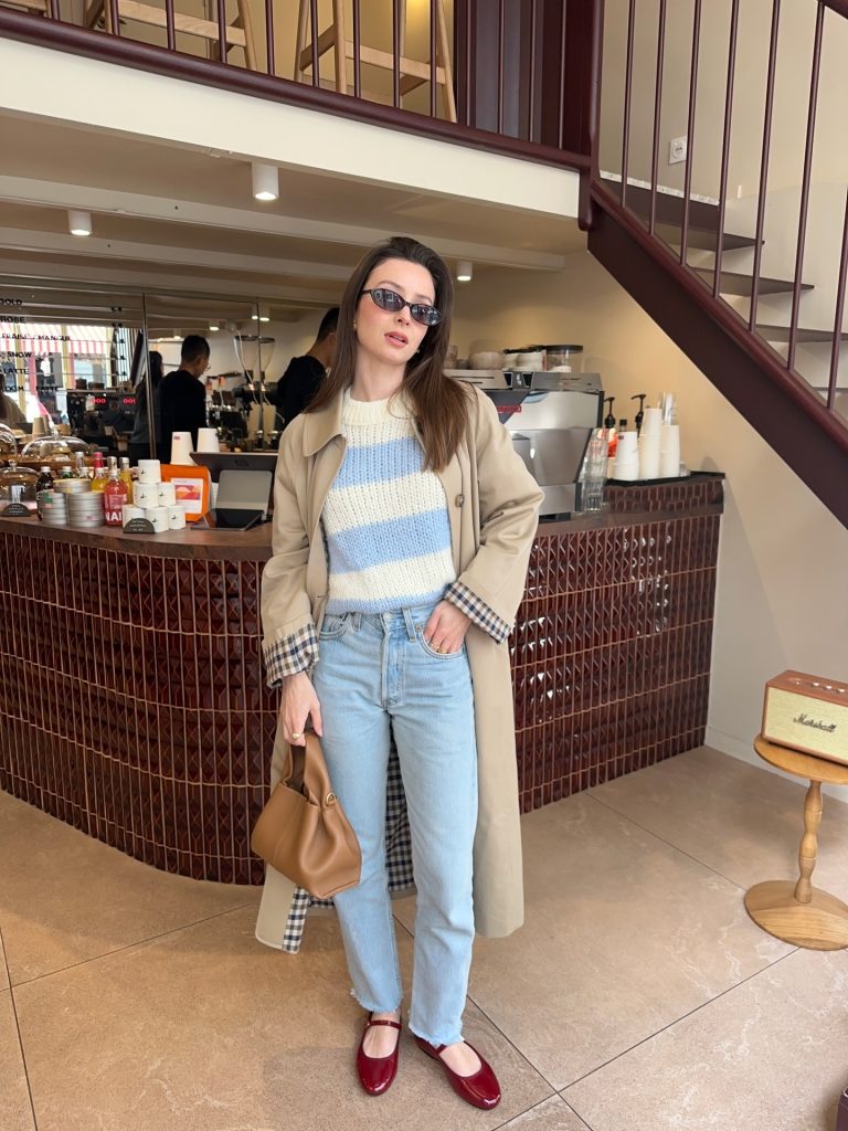 Striped Knit Sweater + Light Wash Jeans + Red Mary Janes