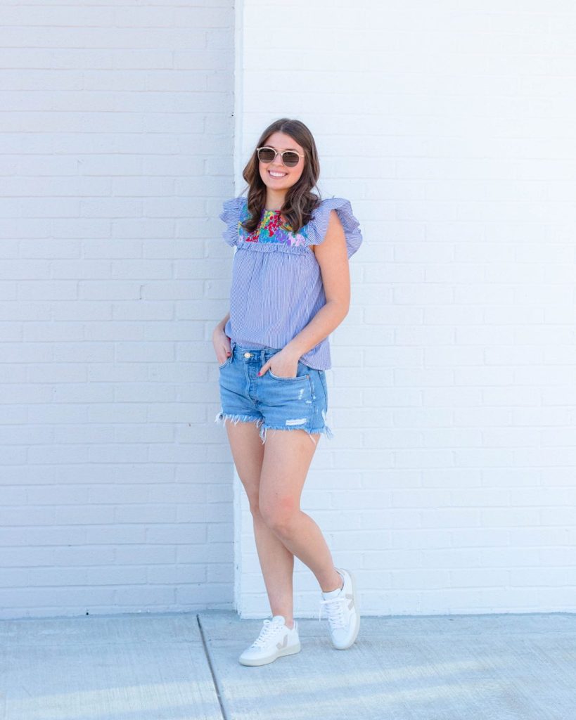 Blue Striped Embroidered Top + Denim Cut-Off Shorts