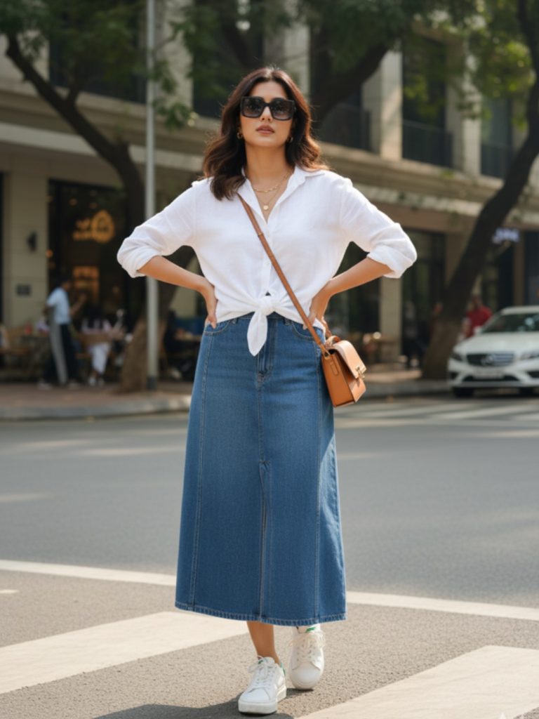 White Tied Button-Down + Blue Denim Maxi Skirt
