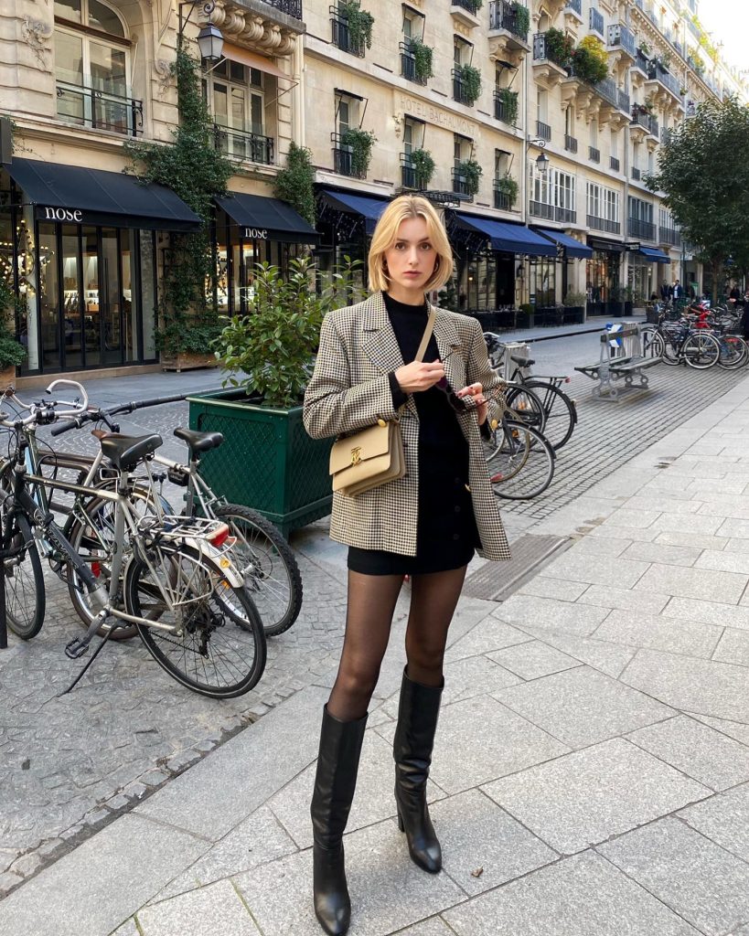 Checkered Blazer + Black Mini Dress + Knee-high Boots