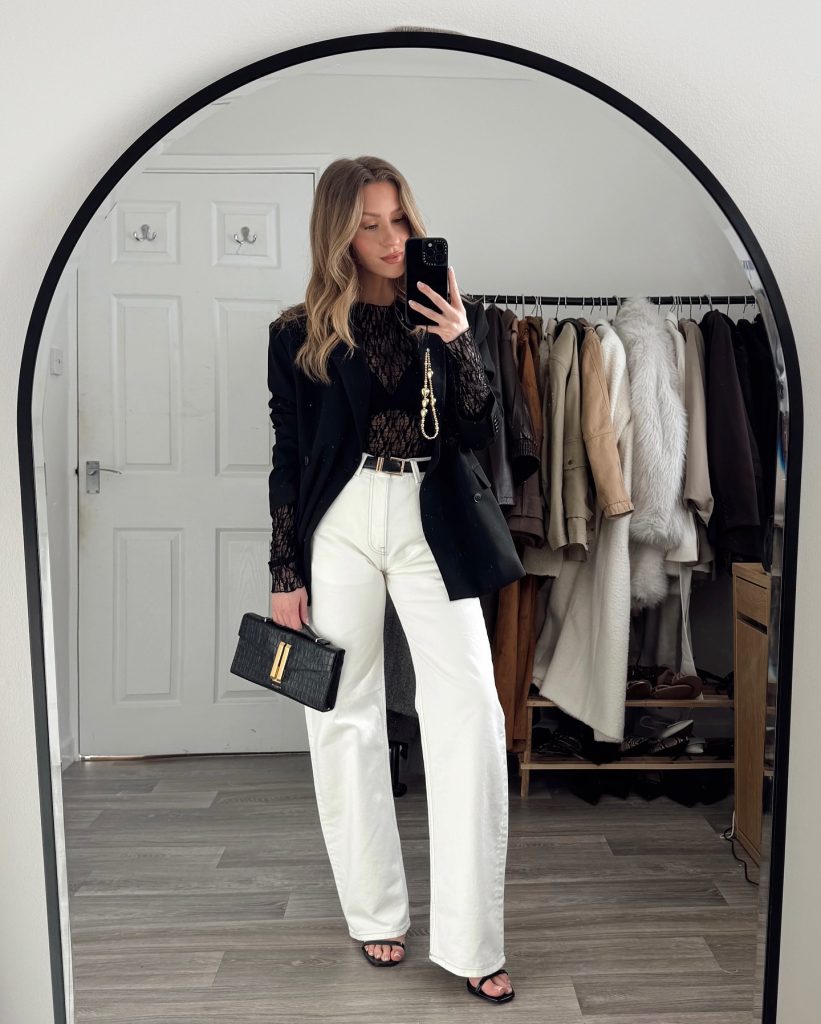 Black Blazer + Lace Bodysuit + White Wide-Leg Jeans