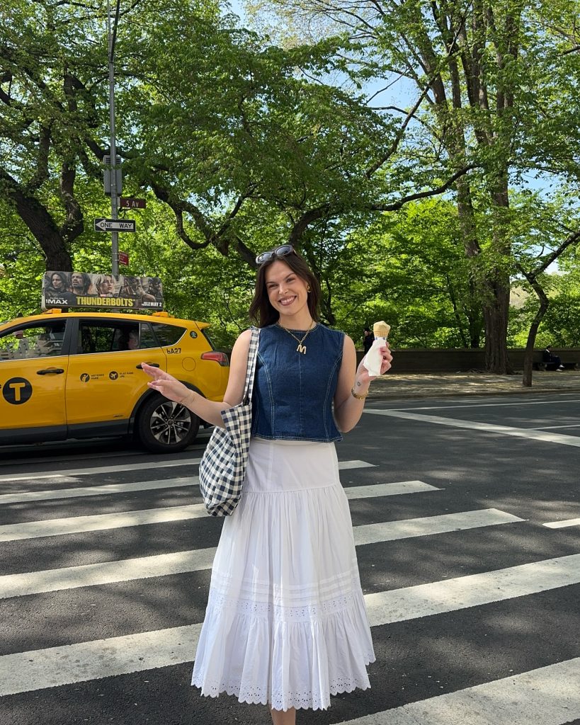 Navy Denim Vest + White Eyelet Skirt + Gingham Tote
