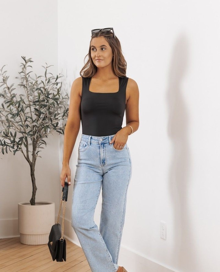 Black Square-Neck Bodysuit + Light Wash Straight Jeans