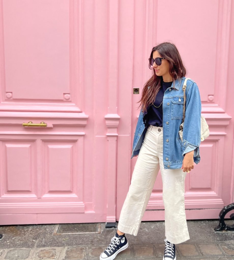 Denim Trucker Jacket + Navy T-shirt + Off-White Wide-Leg Trousers