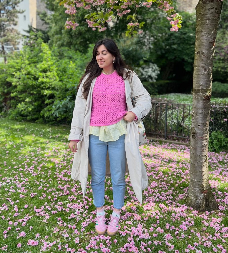  Pink Open-Knit Sweater + Yellow Layering Top + Light Wash Jeans